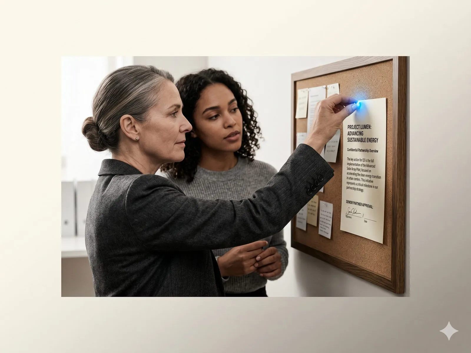 A senior partner pinning a single-page brief to a corkboard, the pin a point of electric-blue light, a colleague at her shoulder reading the page.