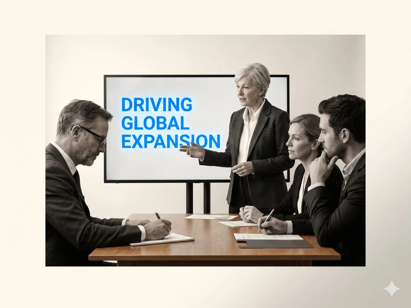 A senior consultant on day five at an executive table presenting a single nine-minute briefing — one slide, large electric-blue headline, three listeners leaning in.