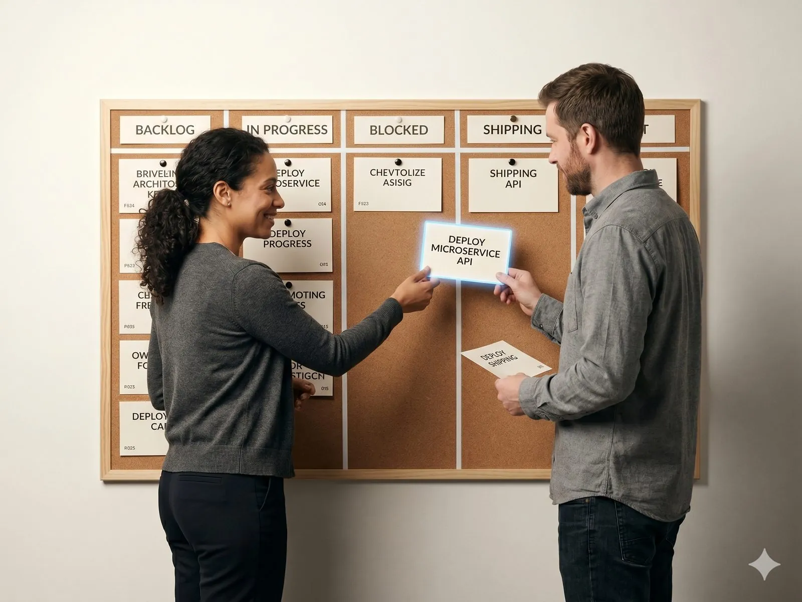 A delivery lead and a platform engineer at a sprint-board, one moving a card from blocked to shipping, the card outline electric blue — acceleration, by people, on a deadline.