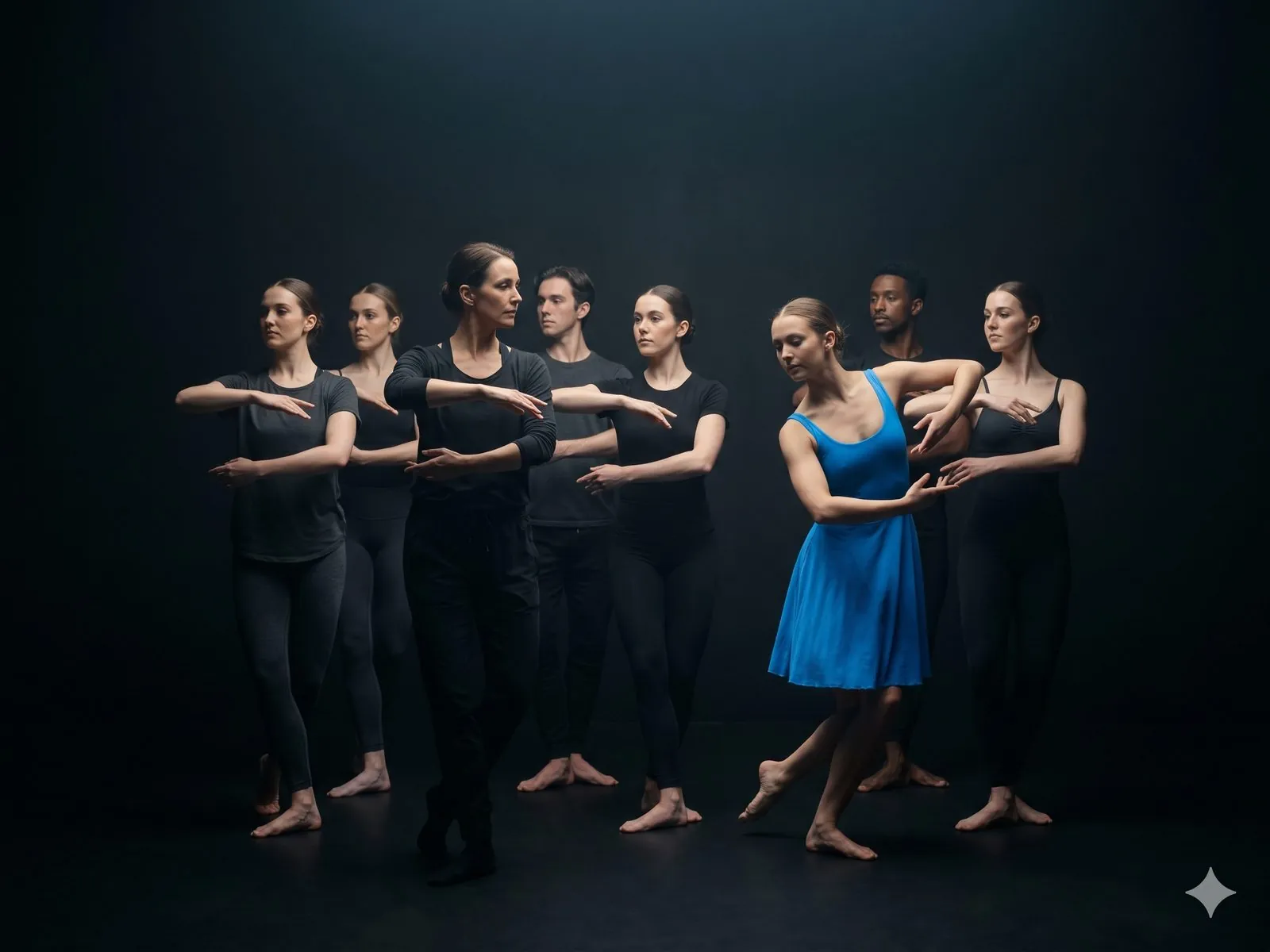A choreographer instructing a small ensemble in low light, all seven dancers mirroring her arm position except one in electric-blue dress who has begun the next move.