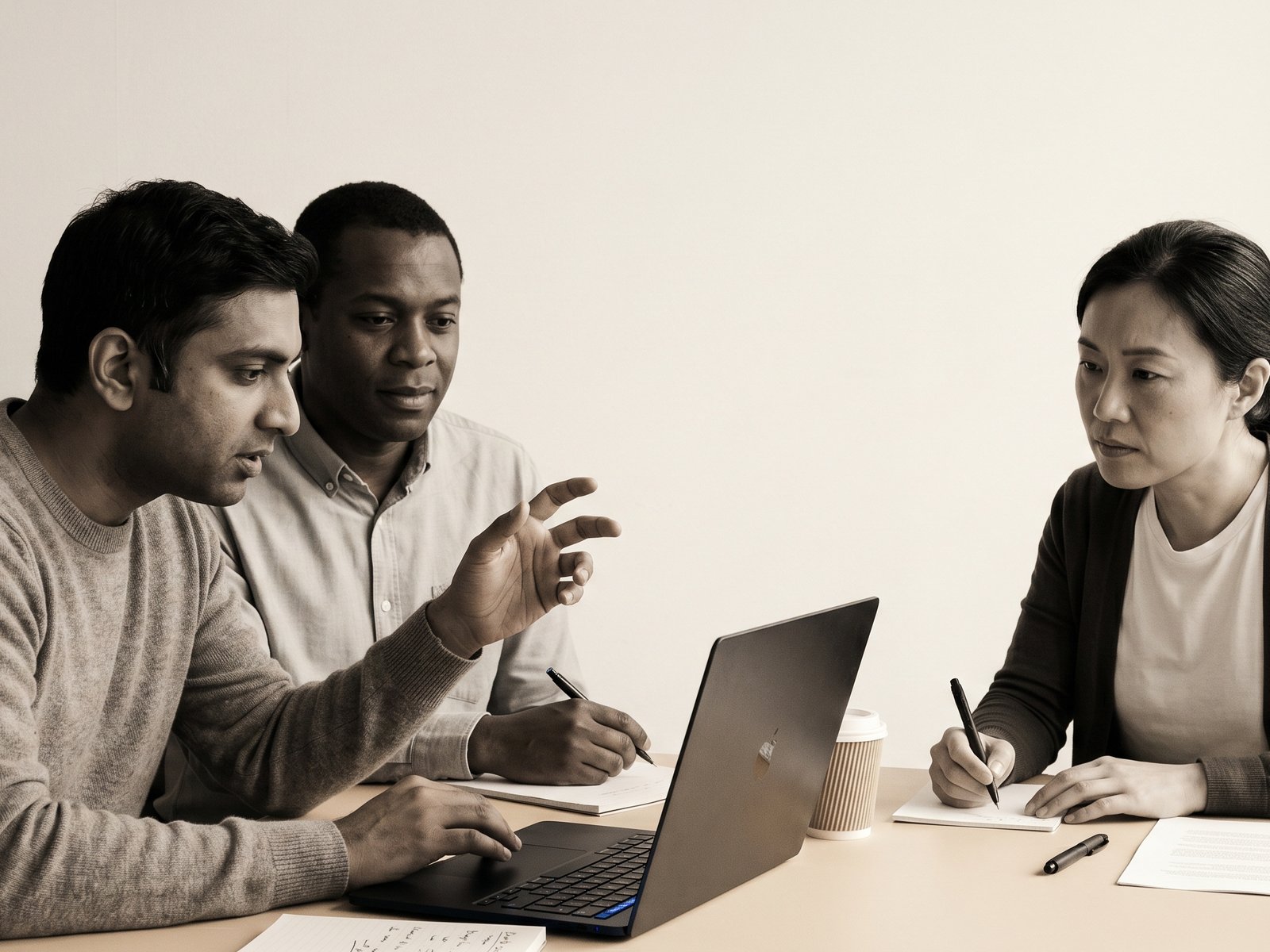 Three reviewers around a laptop, one gesturing mid-objection, two taking notes — the moment a senior team identifies a fabricated claim in an AI-generated output.