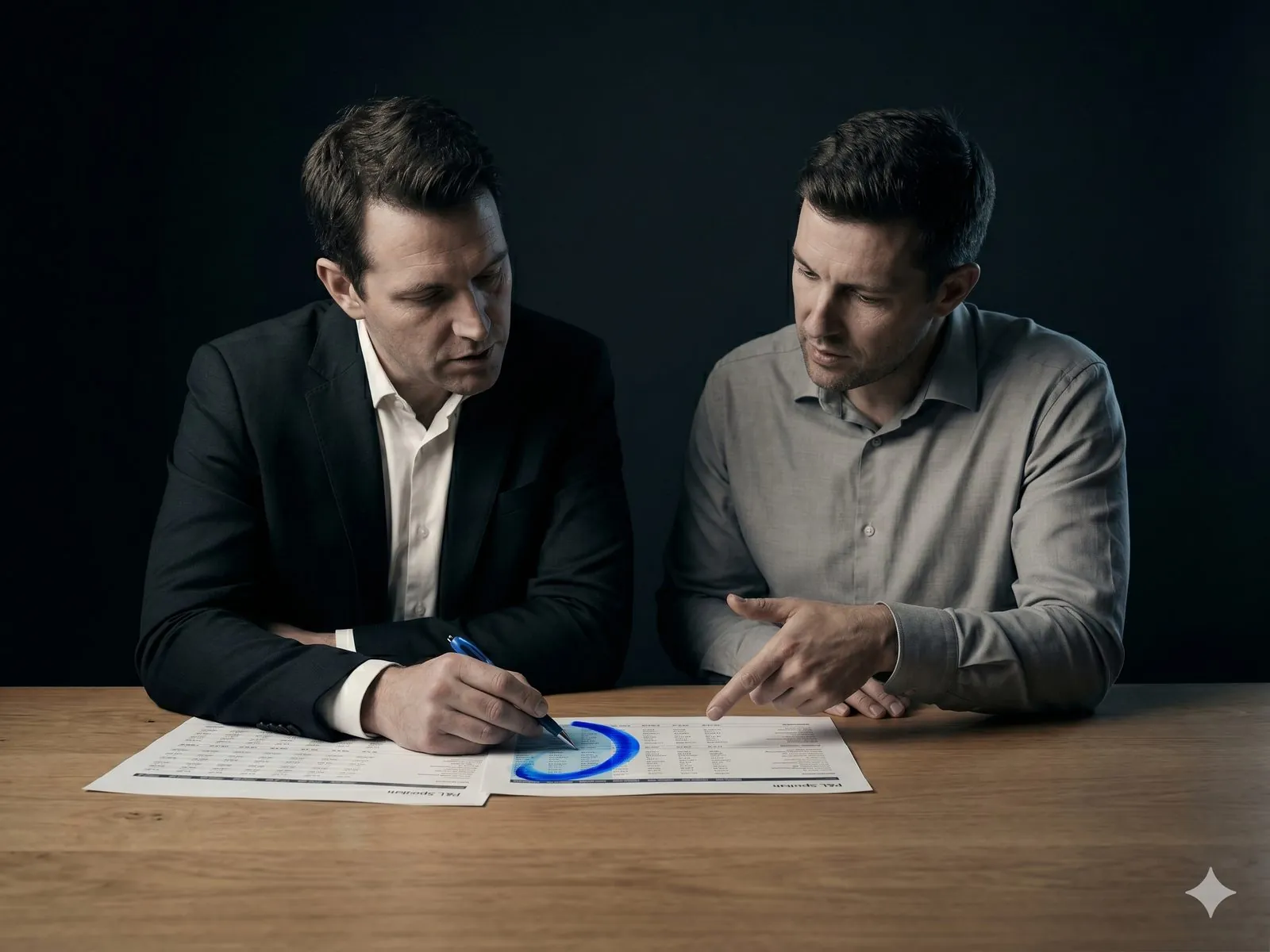 A founder and a CFO leaning over a printed P&L spread on a wide oak desk, the CFO’s pen circling a row in electric blue while the founder gestures at the next column.