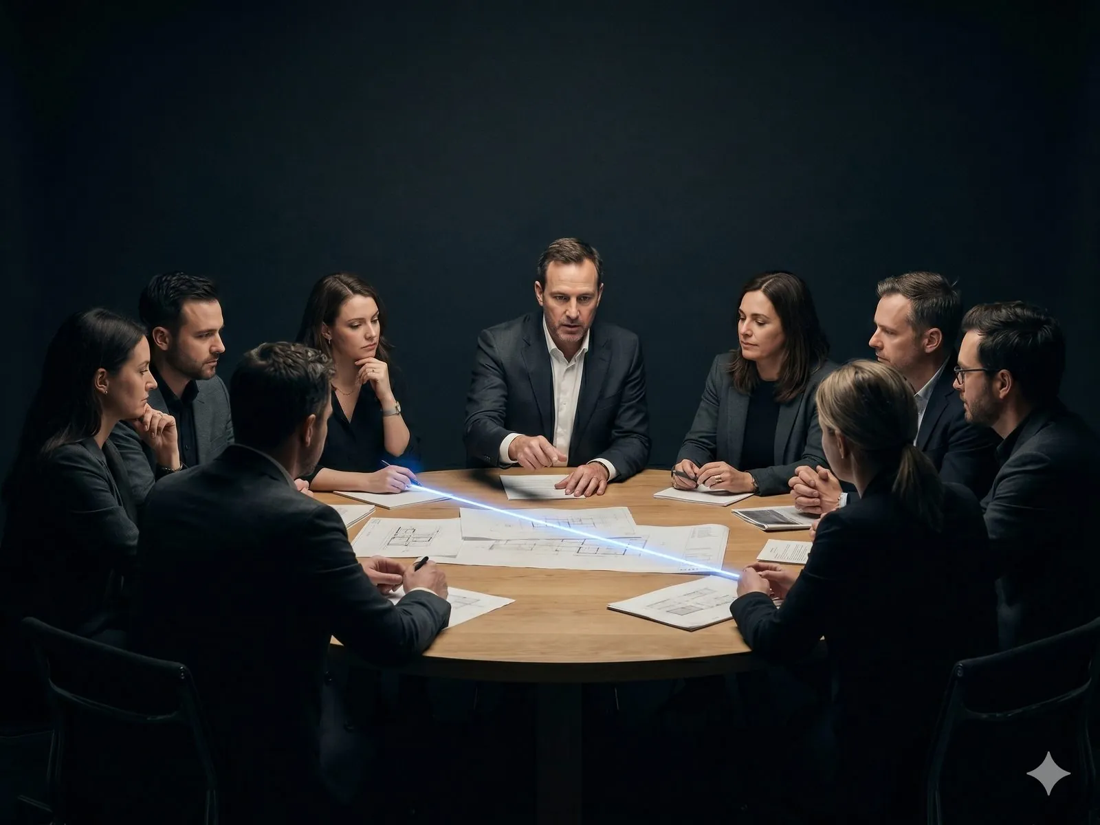 An architect at a large round table with eight colleagues seated around its edge, a single electric-blue marker line connecting two of the seated participants.