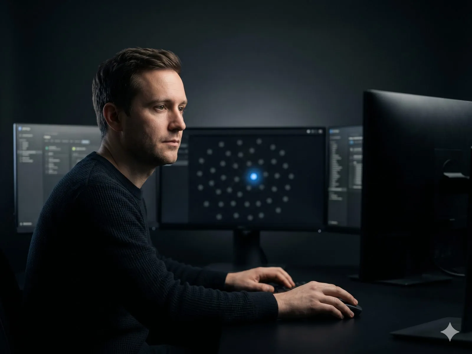 An operations engineer at a triple-monitor setup, hand on the mouse, the centre screen lit by a single electric-blue alert dot in a field of dimmed nodes.