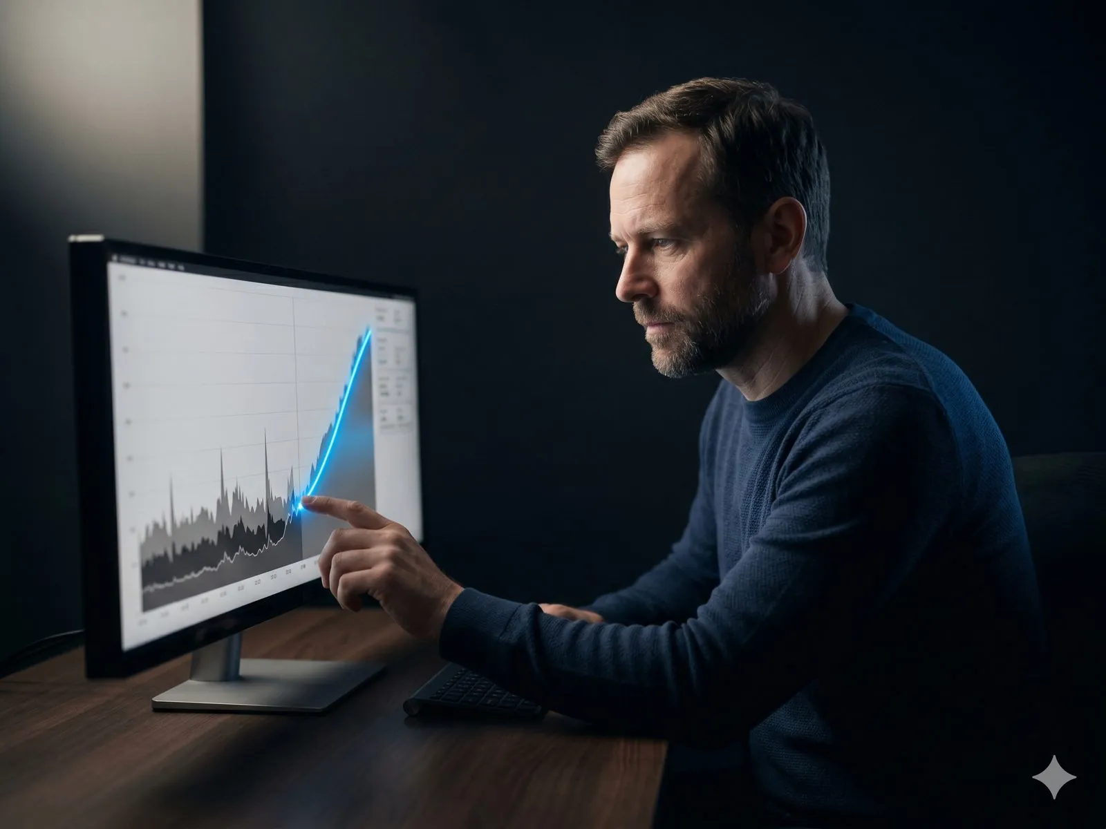 A coder at a long screen showing a hockey-stick latency chart, hand poised at the inflection where the line breaks through into electric blue.