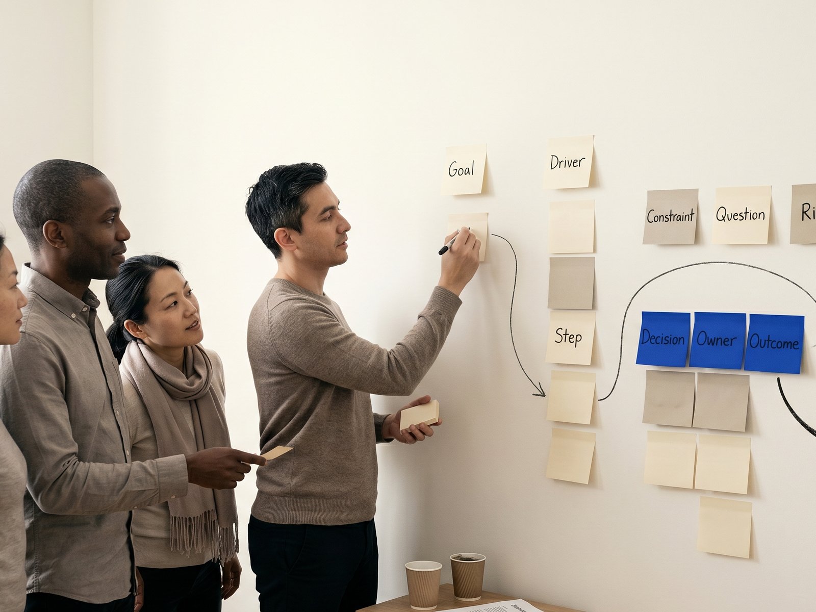 A facilitator at an irregular wall of Post-it notes with three colleagues leaning in, traced arrows running between cream, sand, and electric-blue notes.